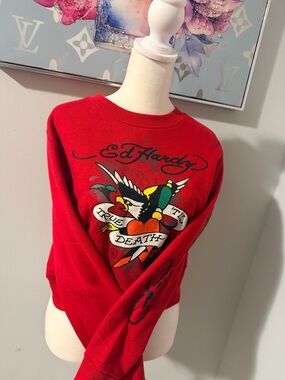 Ed Hardy Red Crewneck Sweatshirt with Colorful Tattoo Graphic